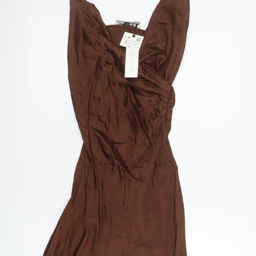 Zara Women Brown Slip Dress Size S Viscose Cowl Neck Party