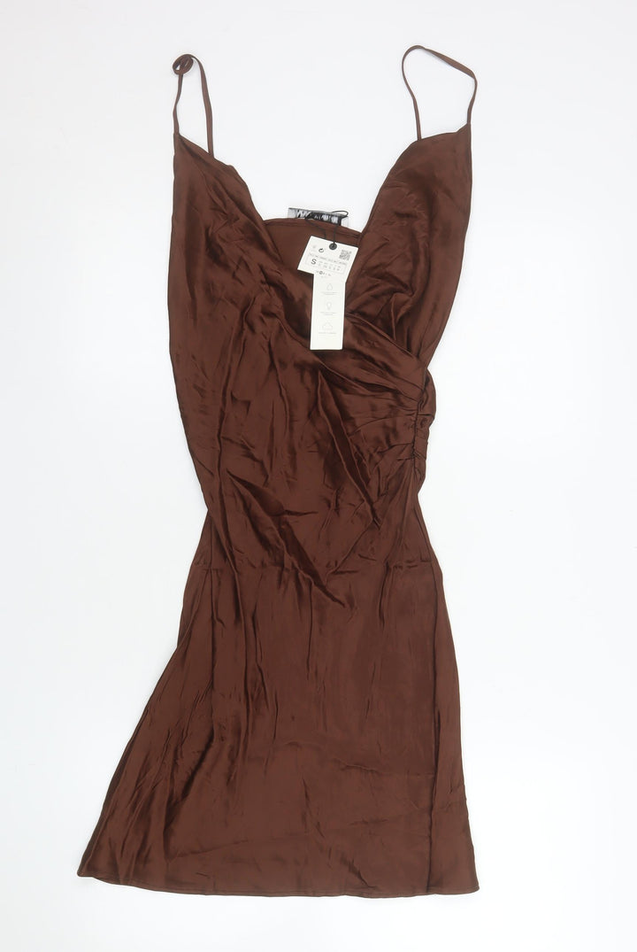 Zara Women Brown Slip Dress Size S Viscose Cowl Neck Party