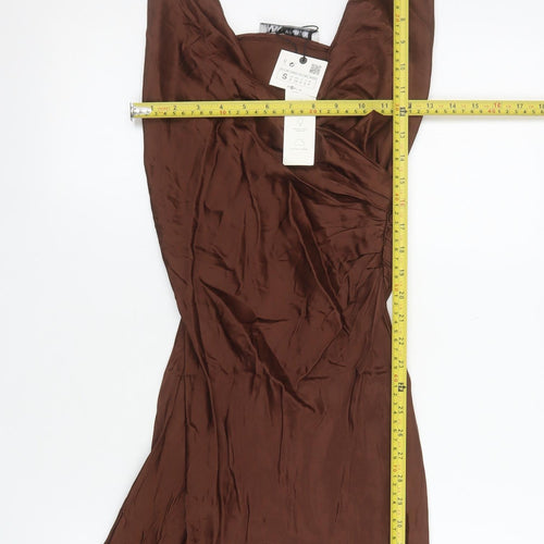 Zara Women Brown Slip Dress Size S Viscose Cowl Neck Party