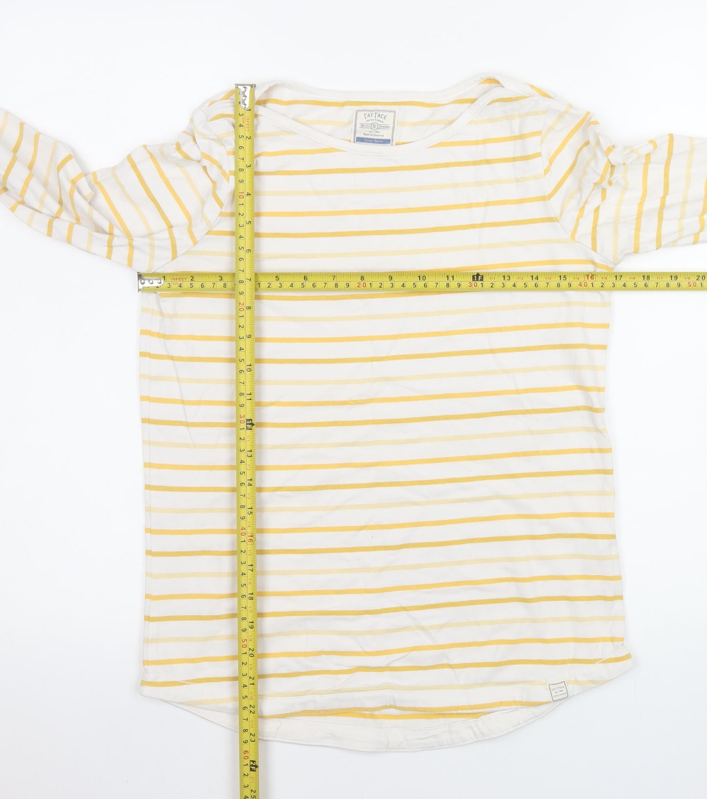Fat Face Women’s Yellow White Striped Long Sleeve Cotton Top Size 8