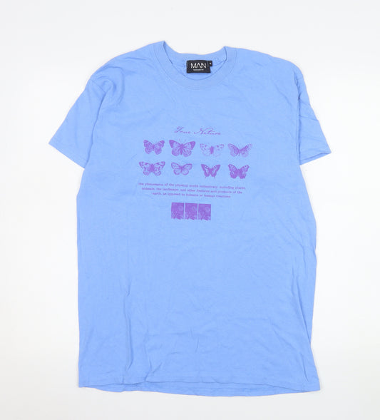 boohooMAN Men Blue Butterfly Graphic Cotton T-Shirt Size M Regular Fit