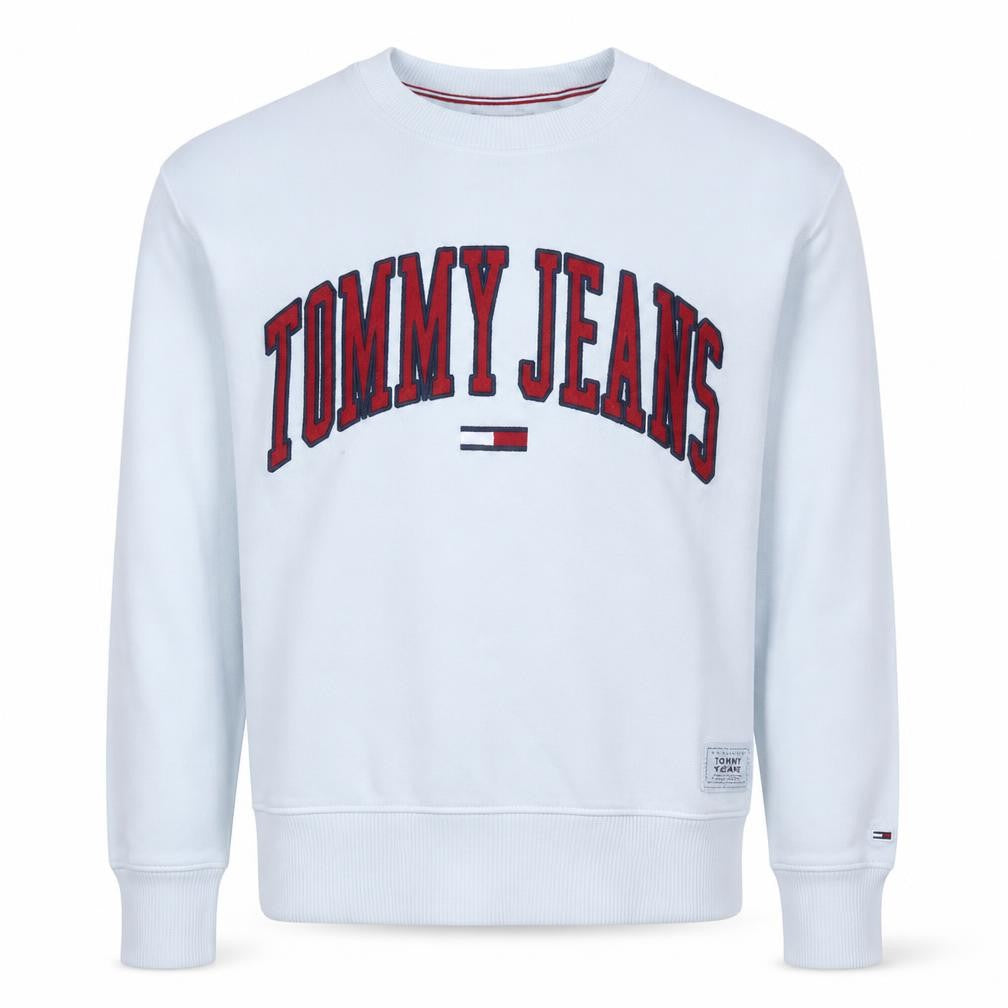 Front view of Tommy Jeans Men's White Cotton Crew Neck Sweatshirt M