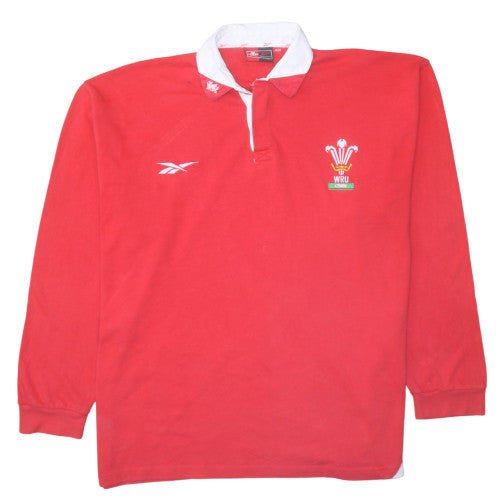 Reebok Mens Red Rugby Polo Shirt XL Wales WRU Long Sleeve Cotton