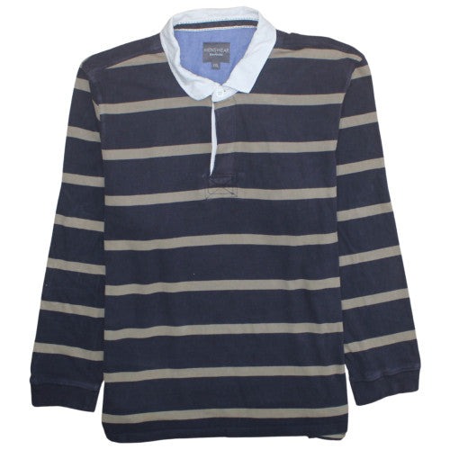 Bonmarché Mens Blue Striped Long Sleeve Cotton Polo Shirt 2XL