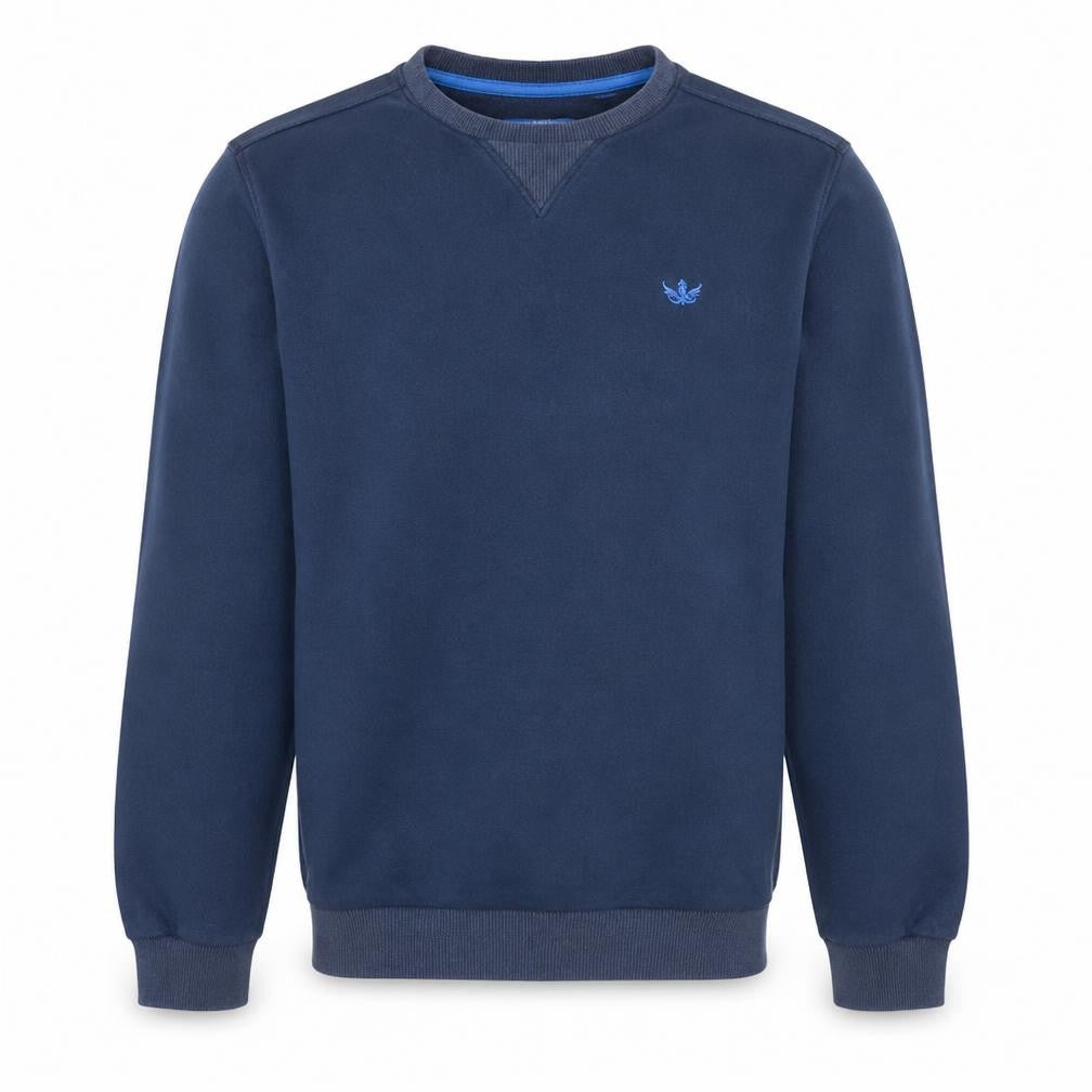 Front view of Adidas men’s blue crew neck pullover sweatshirt, size S