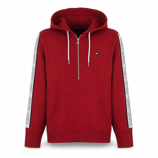 Front view of Tommy Hilfiger Men's Red Logo 1/2 Zip Hoodie, size L