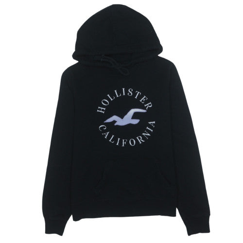 Hollister Women Black Pullover Hoodie Small Logo Print Soft Cotton Blend