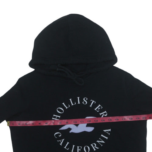 Hollister Women Black Pullover Hoodie Small Logo Print Soft Cotton Blend