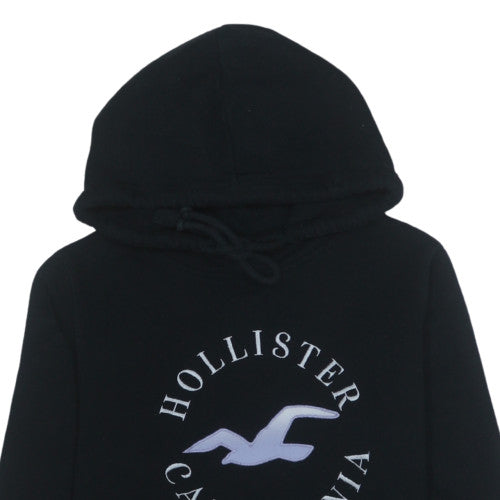 Hollister Women Black Pullover Hoodie Small Logo Print Soft Cotton Blend