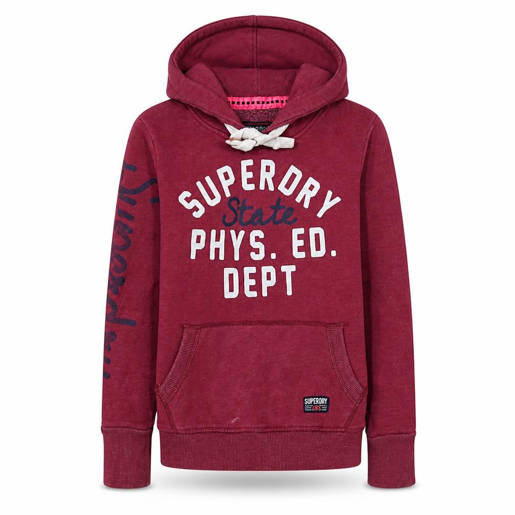 Front view of Superdry women’s burgundy pullover hoodie small graphic print