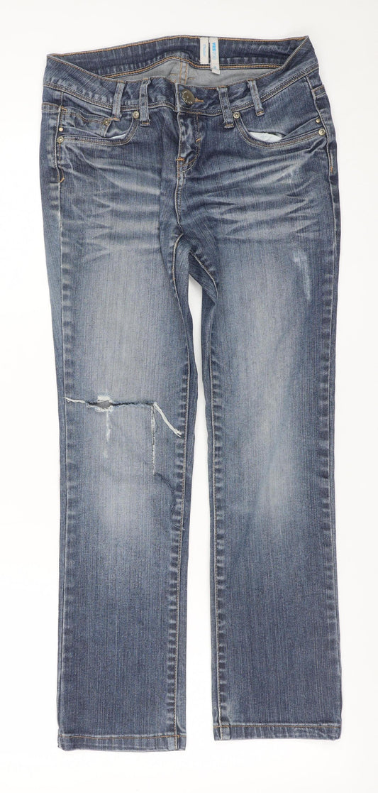 NYDJ Women Blue Distressed Straight Leg Jeans Size 8 Medium Wash