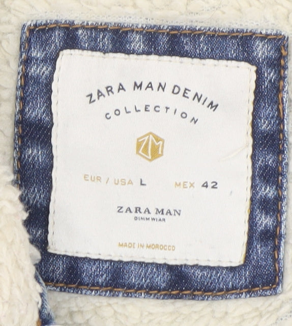 Zara Man Denim Blue Sherpa Lined Jacket Men L Casual Classic