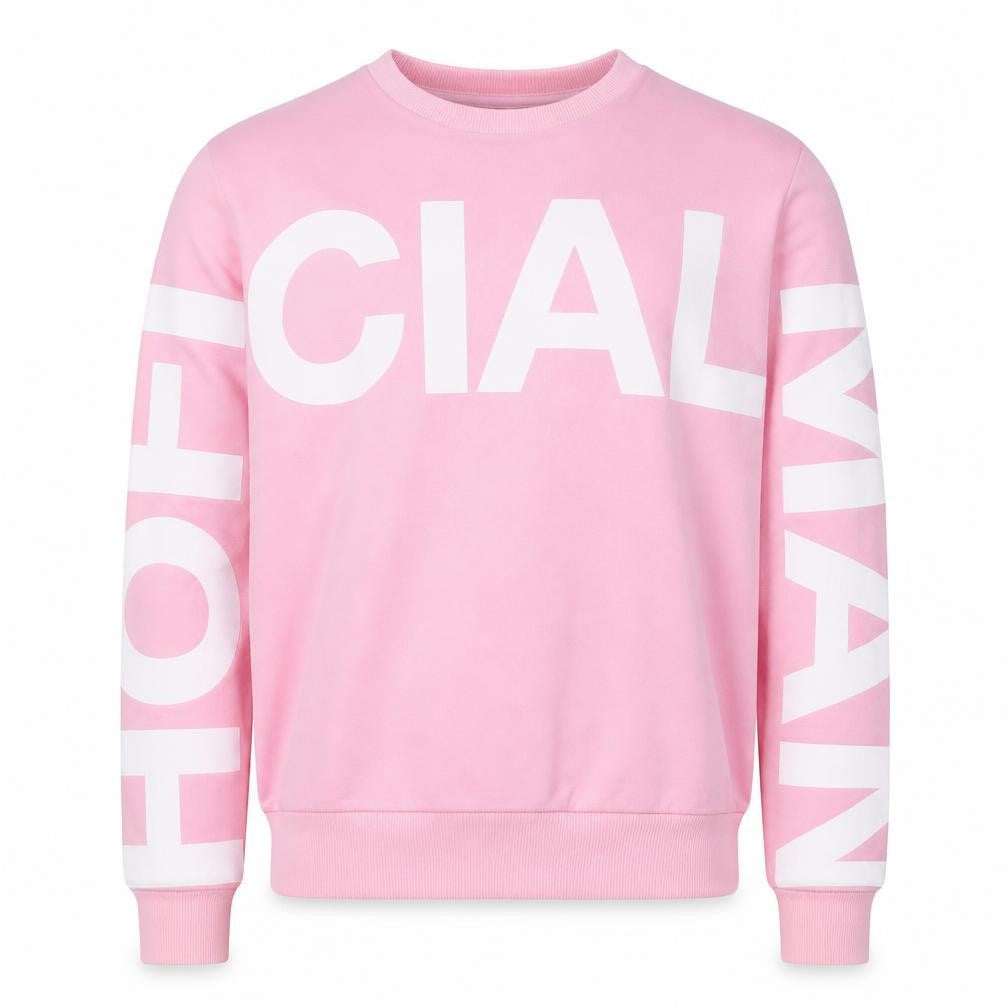Front view of boohooMAN men’s pink logo pullover sweatshirt, size M, regular fit