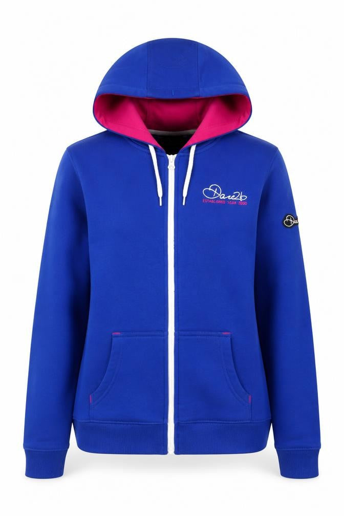 Front view of Dare 2b women’s blue full zip hoodie, size UK 10, cotton blend