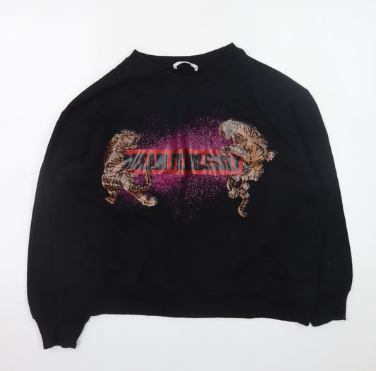 Zara Woman Black Graphic Tiger Sweatshirt Size 12 Cotton Blend