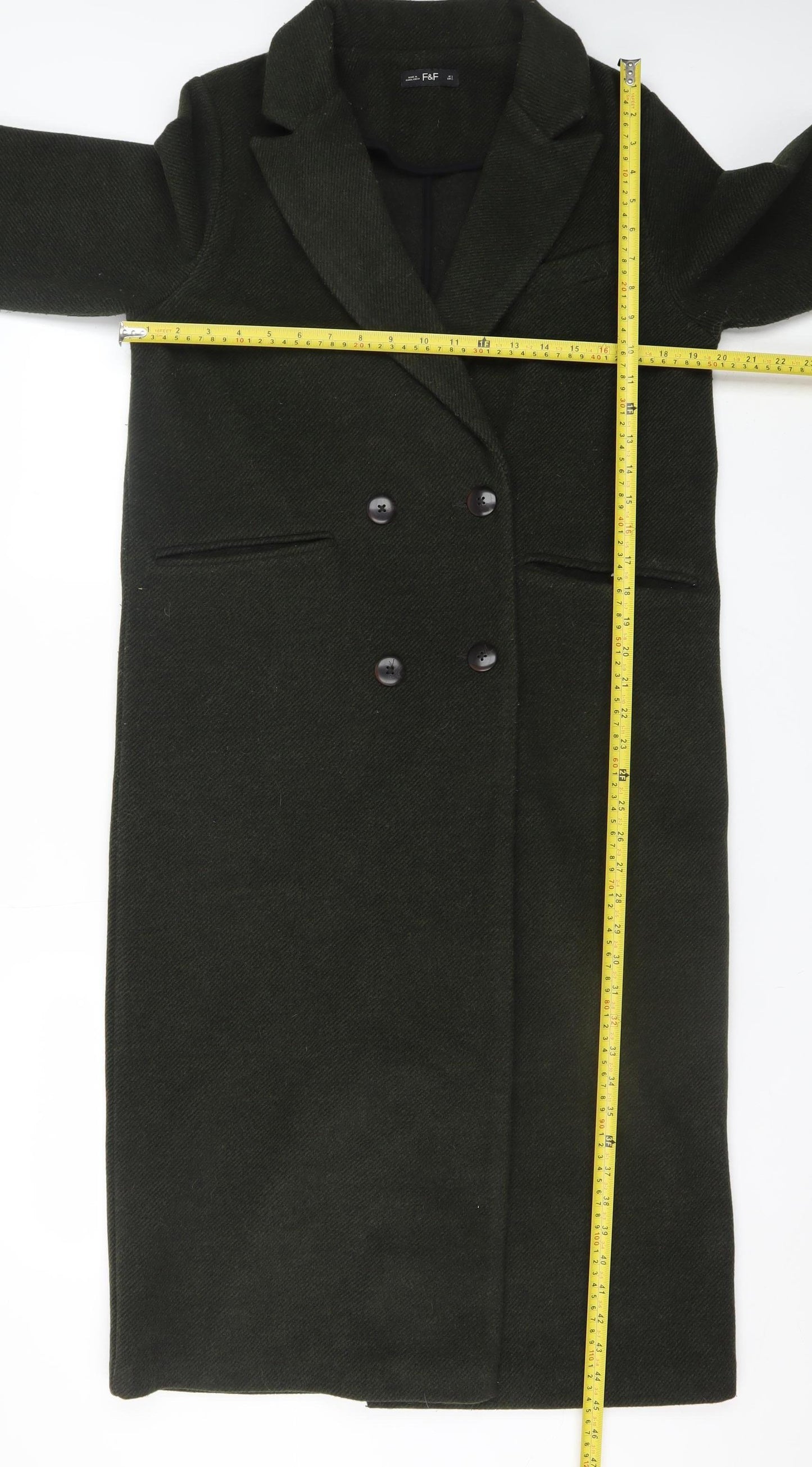 F&F Women’s Green Long Wool Blend Overcoat Size S