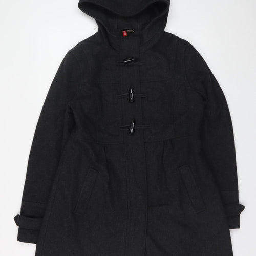 H&M Women’s Black Wool Blend Hooded Duffle Coat Size 14
