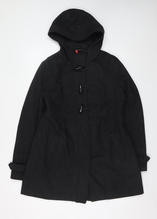 H&M Women’s Black Wool Blend Hooded Duffle Coat Size 14