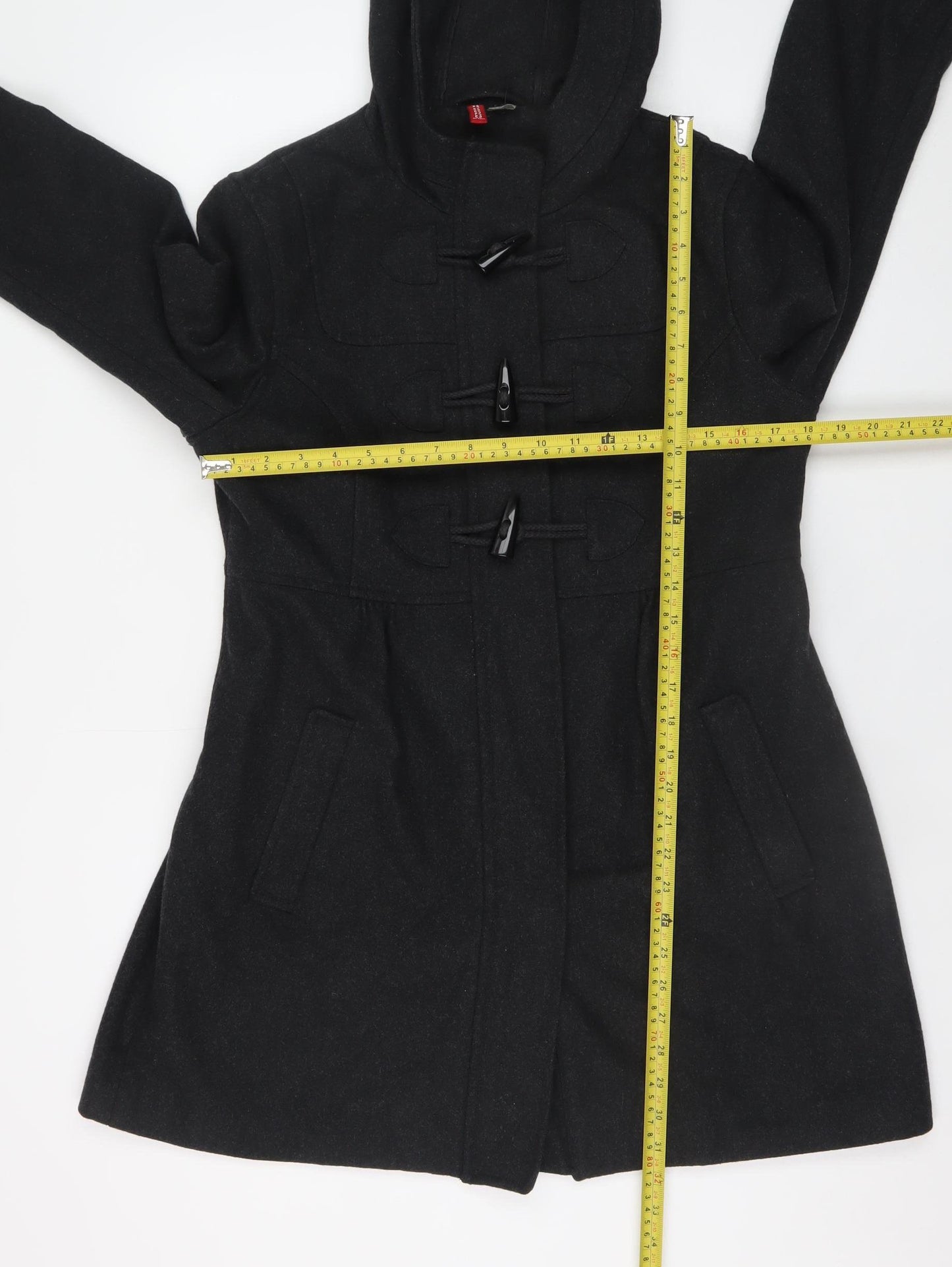 H&M Women’s Black Wool Blend Hooded Duffle Coat Size 14