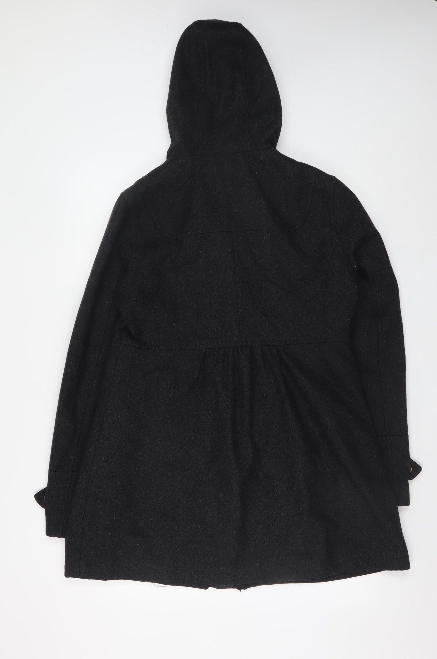 H&M Women’s Black Wool Blend Hooded Duffle Coat Size 14