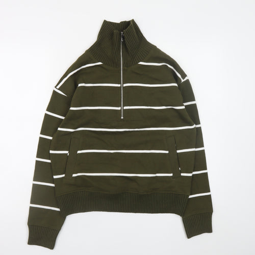 Marks and Spencer Women Green Striped 1/2 Zip High Neck Jumper Size S