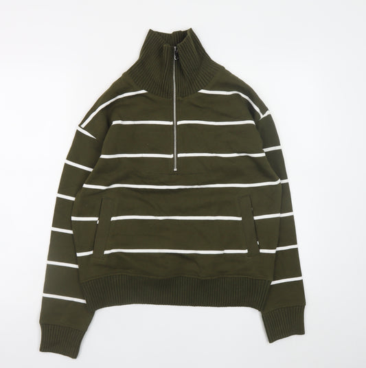 Marks and Spencer Women Green Striped 1/2 Zip High Neck Jumper Size S