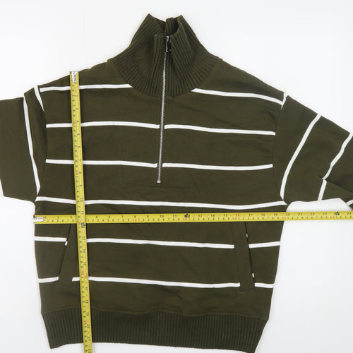 Marks and Spencer Women Green Striped 1/2 Zip High Neck Jumper Size S