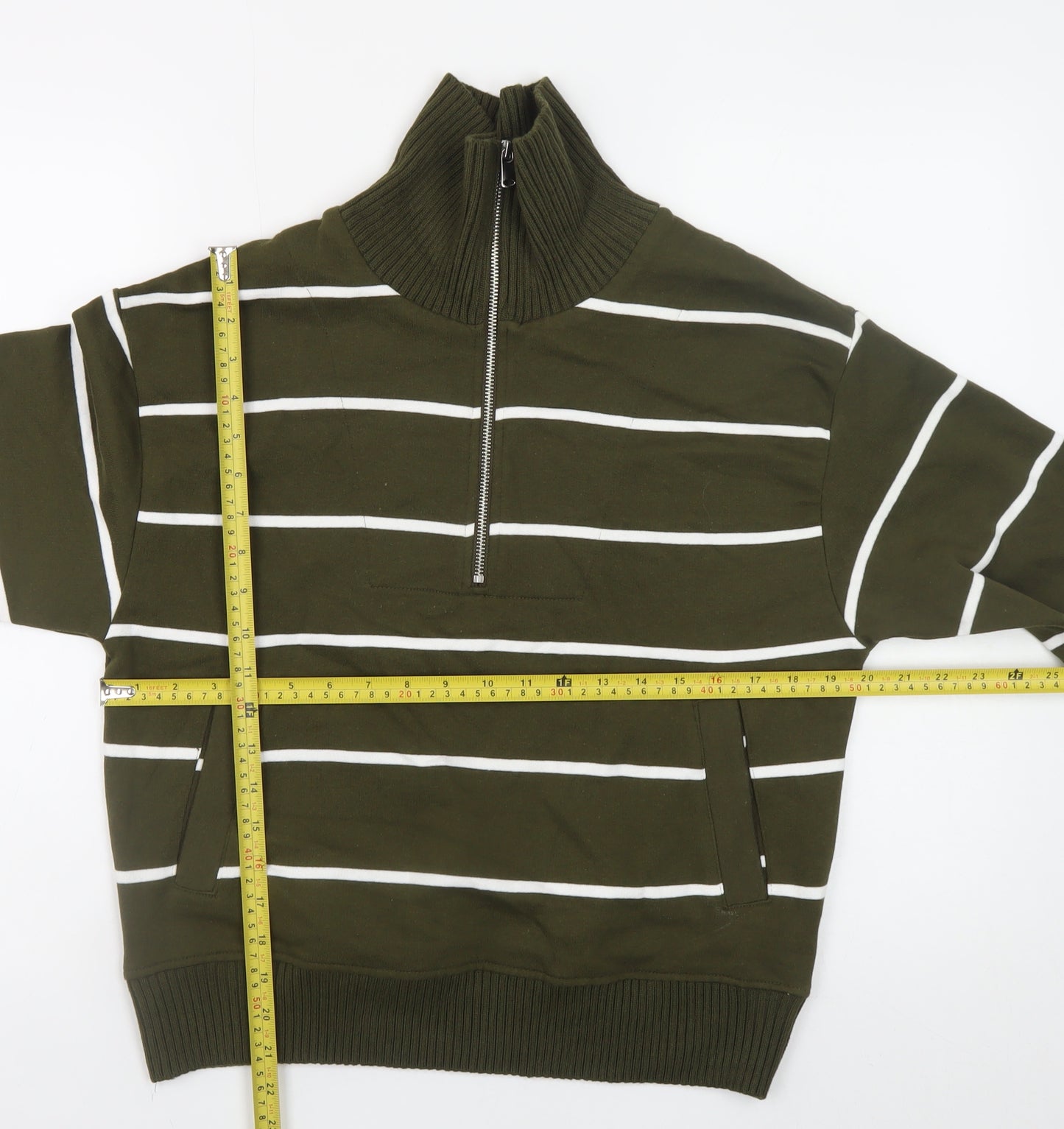 Marks and Spencer Women Green Striped 1/2 Zip High Neck Jumper Size S