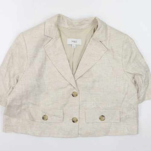 Marks and Spencer Women Beige Linen Blend Cropped Blazer Size 16