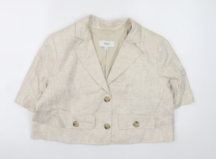 Marks and Spencer Women Beige Linen Blend Cropped Blazer Size 16