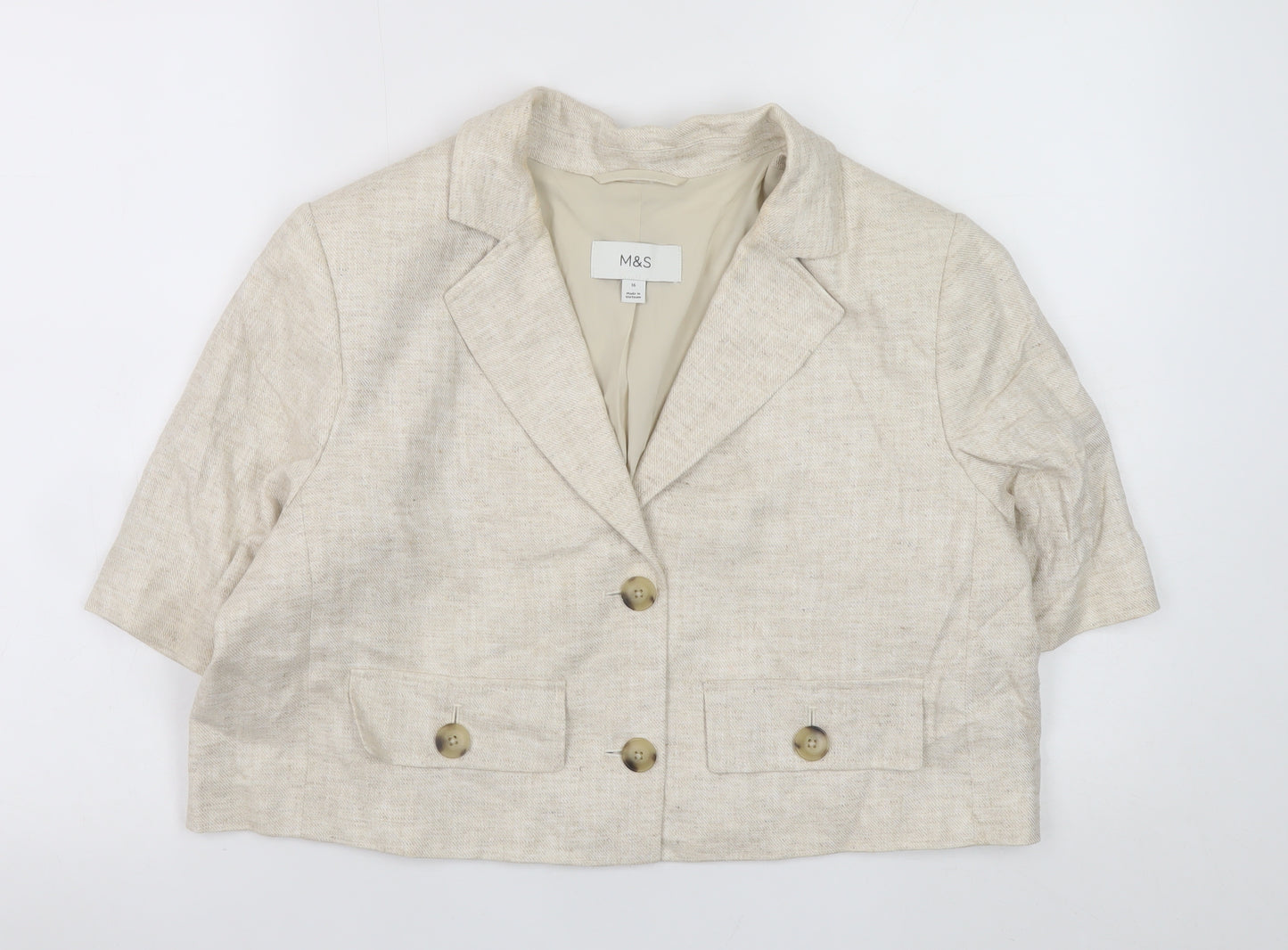 Marks and Spencer Women Beige Linen Blend Cropped Blazer Size 16