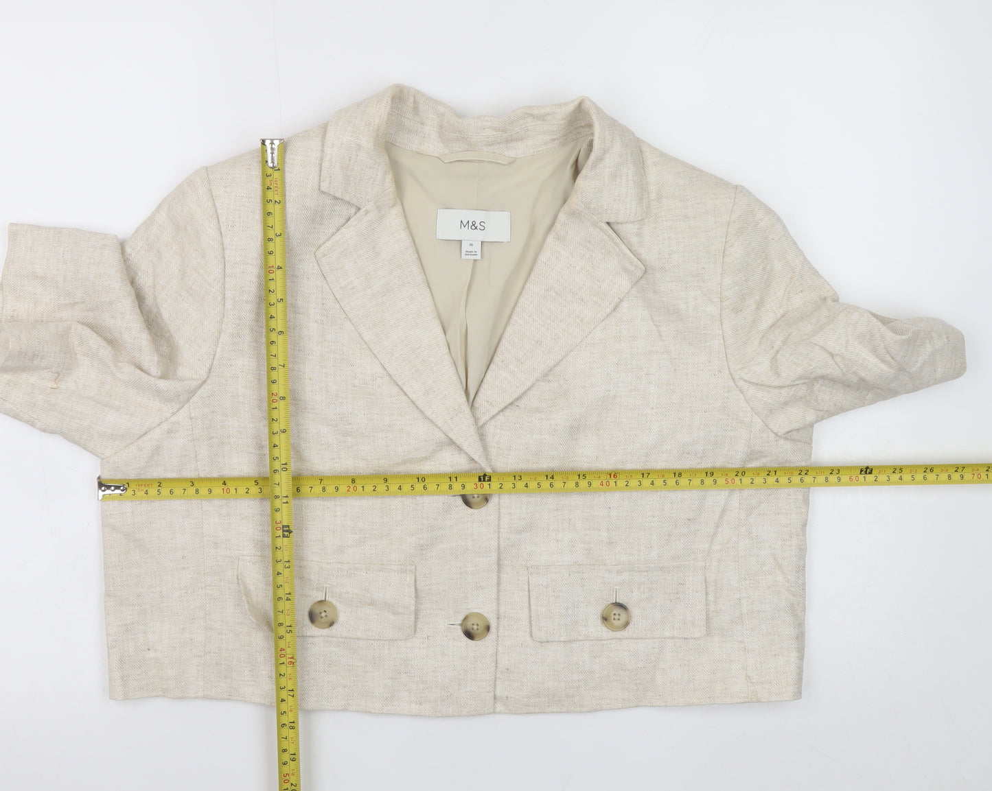 Marks and Spencer Women Beige Linen Blend Cropped Blazer Size 16