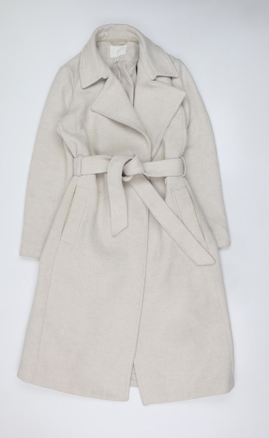 H&M Women Beige Wool Blend Long Belted Trench Coat Size 10