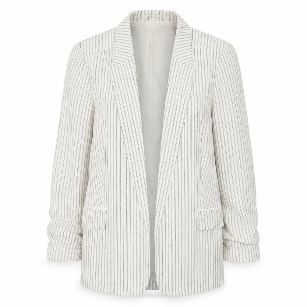Front view of Marks & Spencer Women's White Striped Linen Blend Blazer UK 10