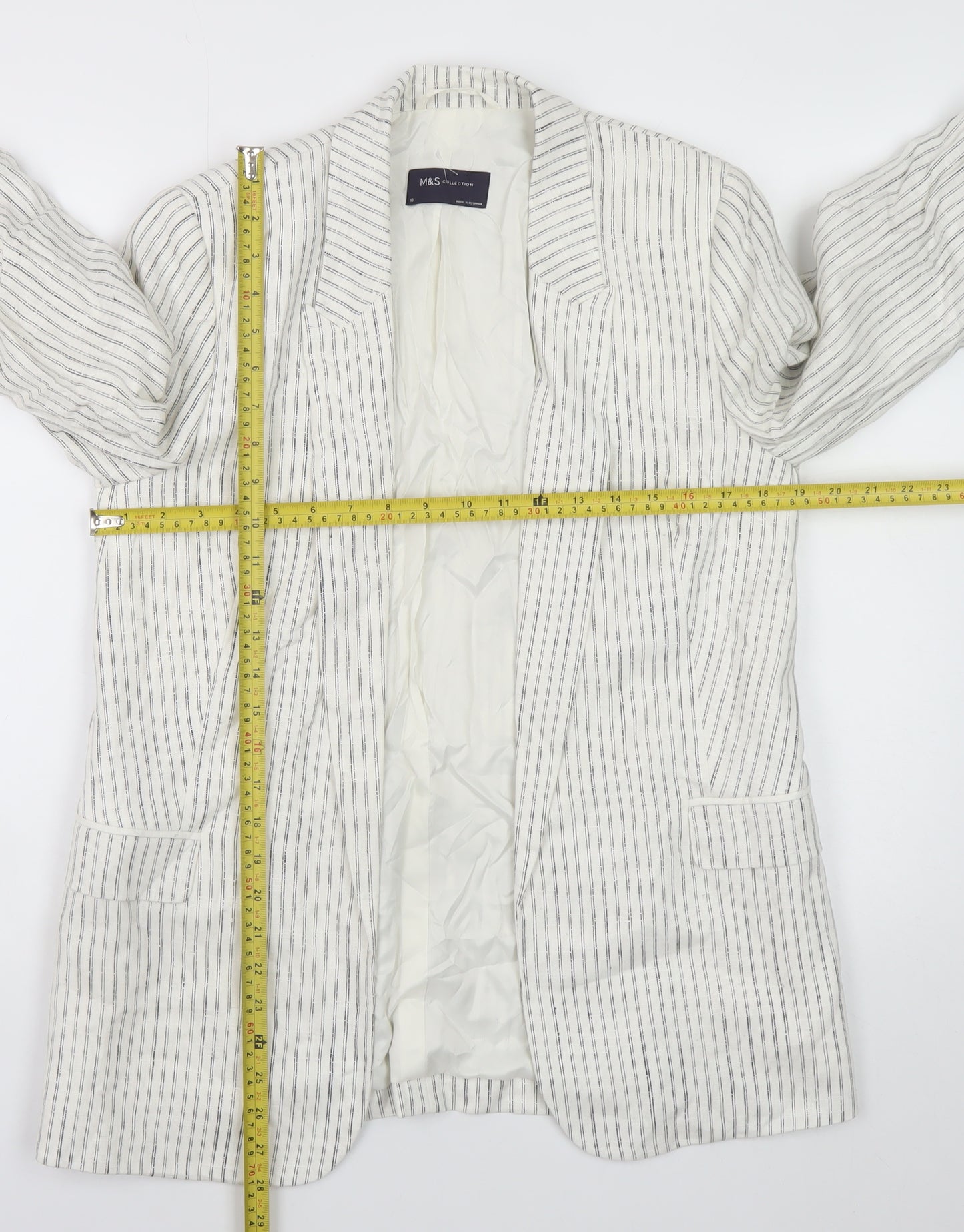 Marks and Spencer Women's White Striped Linen Blend Blazer UK 10