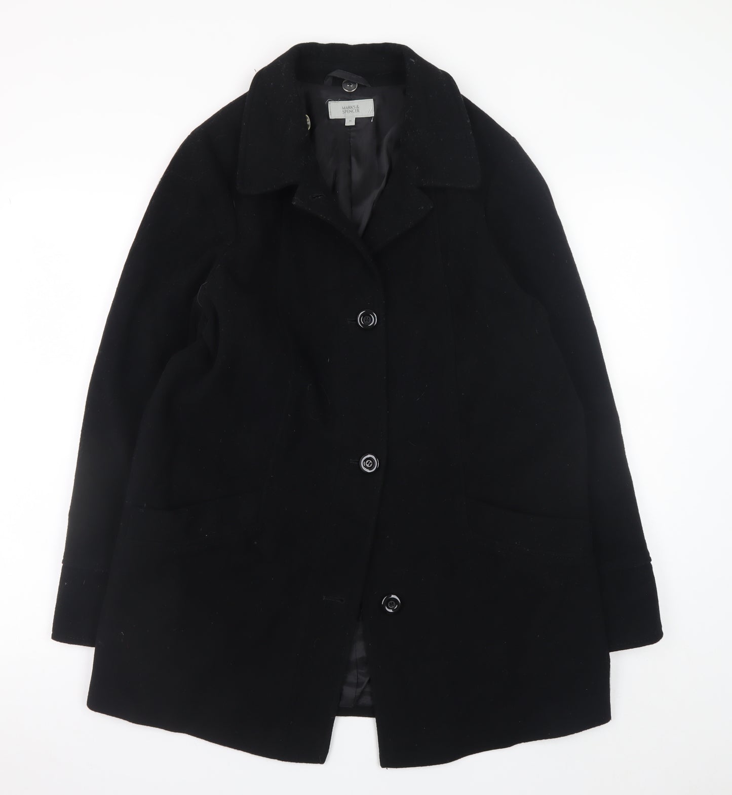 Marks and Spencer Women's Black Wool Blend Overcoat Size 14 Classic Style