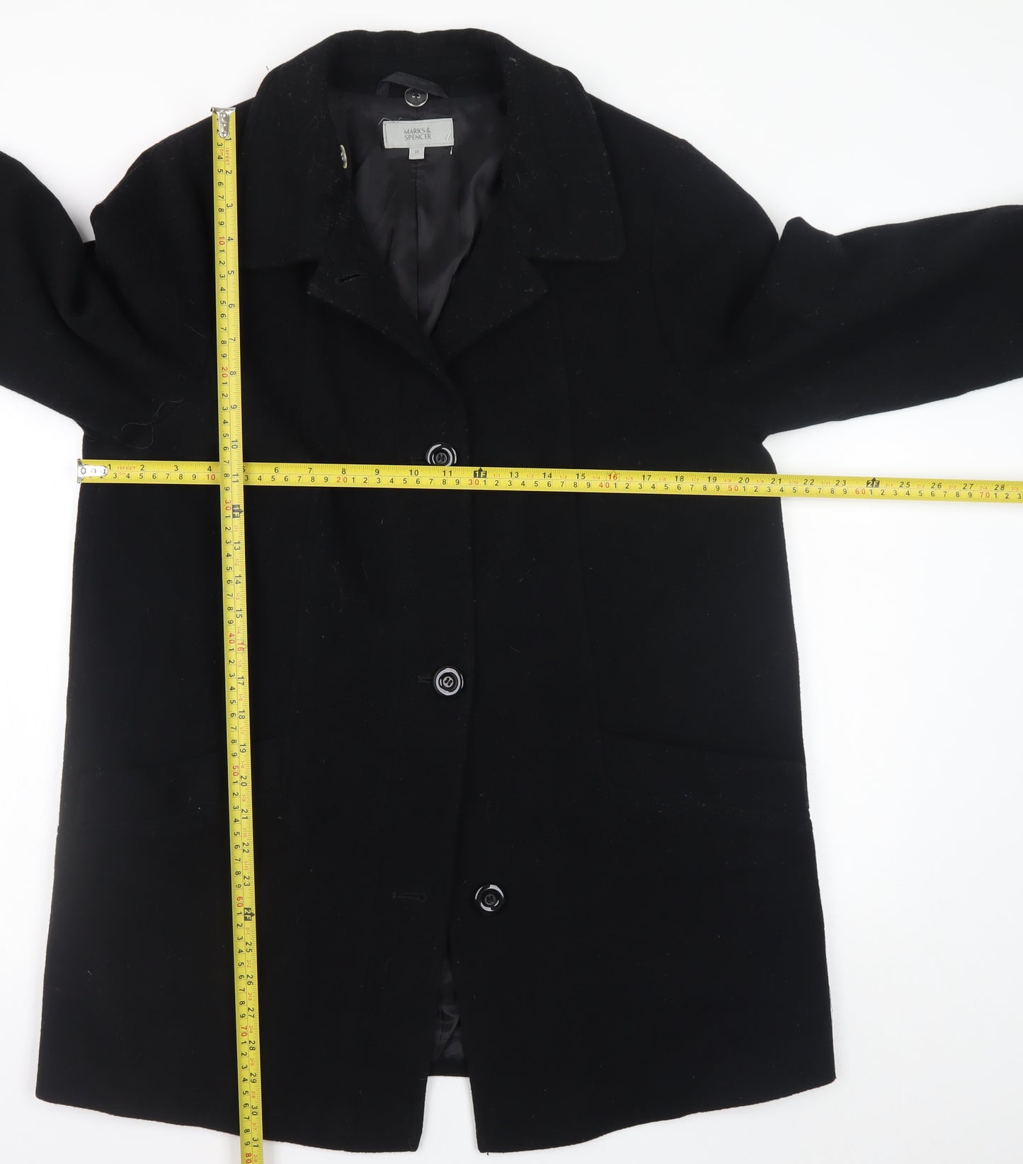 Marks and Spencer Women's Black Wool Blend Overcoat Size 14 Classic Style