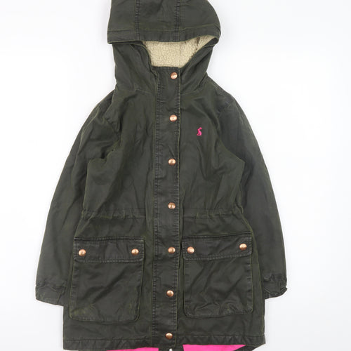 Joules Girls Green Hooded Parka Coat 7 Years Lined Zip-Up