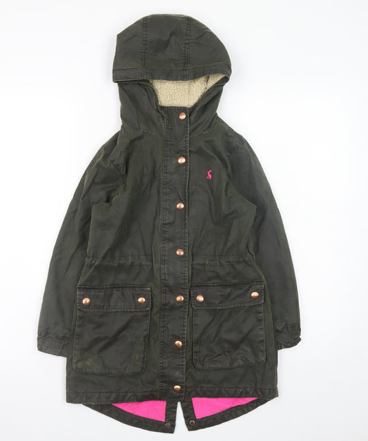 Joules Girls Green Hooded Parka Coat 7 Years Lined Zip-Up