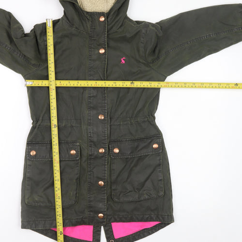 Joules Girls Green Hooded Parka Coat 7 Years Lined Zip-Up