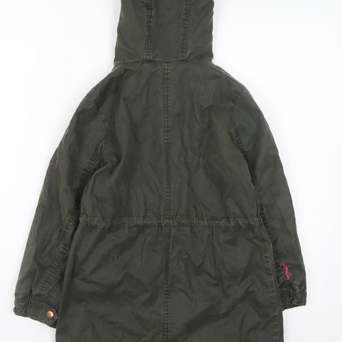 Joules Girls Green Hooded Parka Coat 7 Years Lined Zip-Up