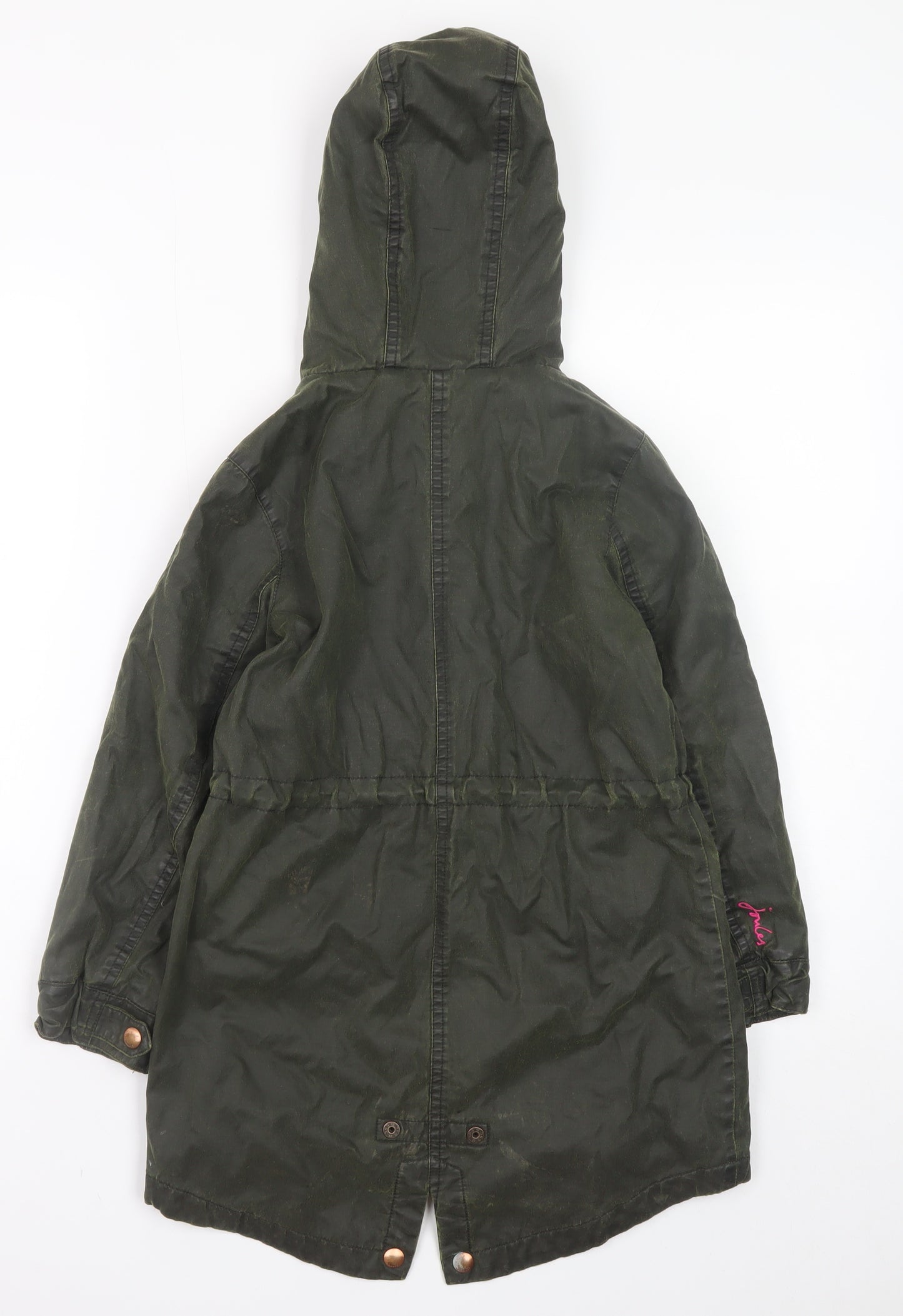 Joules Girls Green Hooded Parka Coat 7 Years Lined Zip-Up