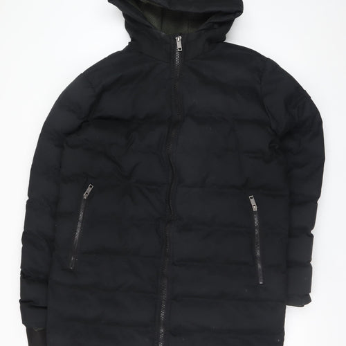 Blend Men's Black Long Puffer Coat Hooded L Size Winter Jacket