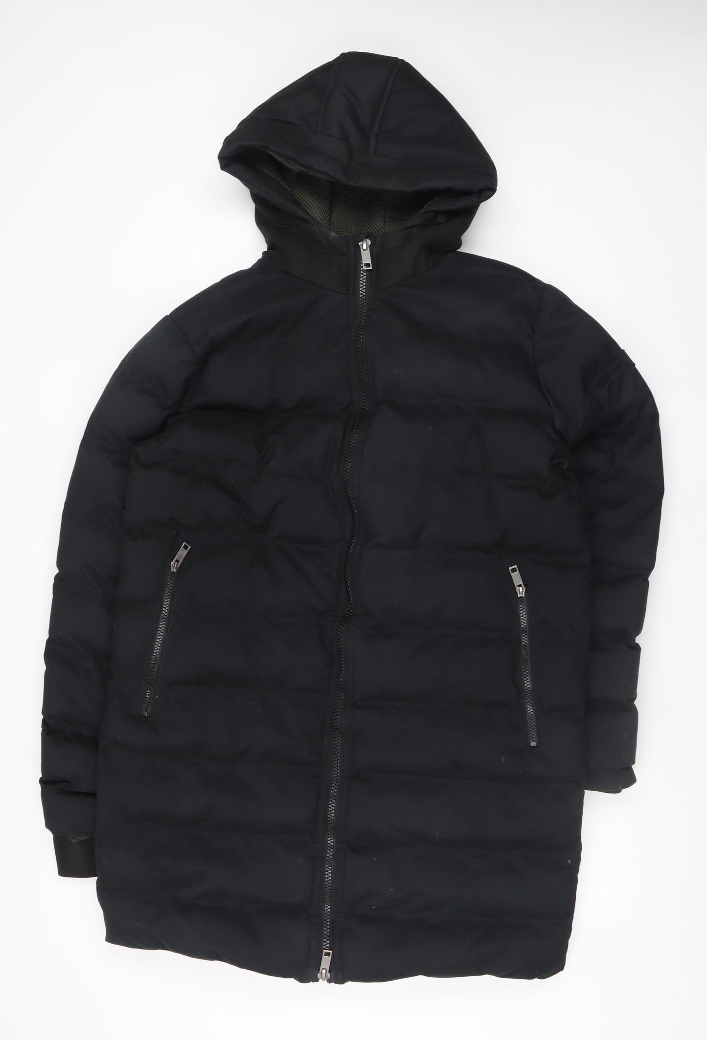 Blend Men's Black Long Puffer Coat Hooded L Size Winter Jacket