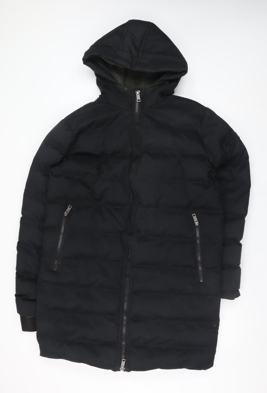 Blend Men's Black Long Puffer Coat Hooded L Size Winter Jacket