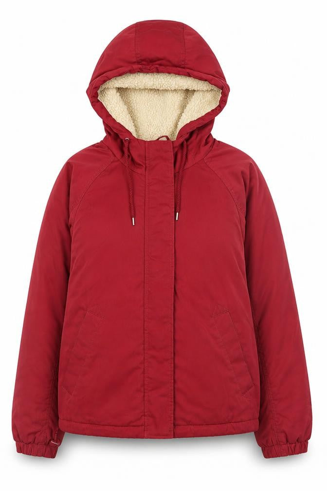 Front view of Stay women’s red hooded puffer jacket, size M, polyester winter coat