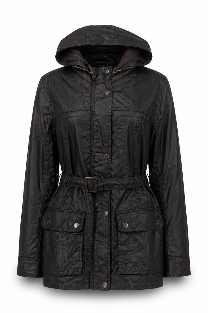 Front view of Marks & Spencer women’s brown hooded belted parka jacket, size UK 10