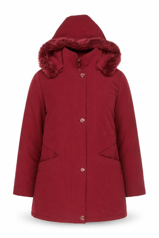 Front view of Isabelle Women Red Faux Fur Hooded Long Parka Coat, size S