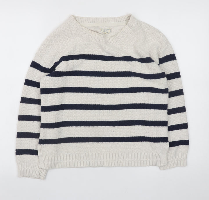 Fat Face Women Beige & Navy Striped Crew Neck Jumper UK 10