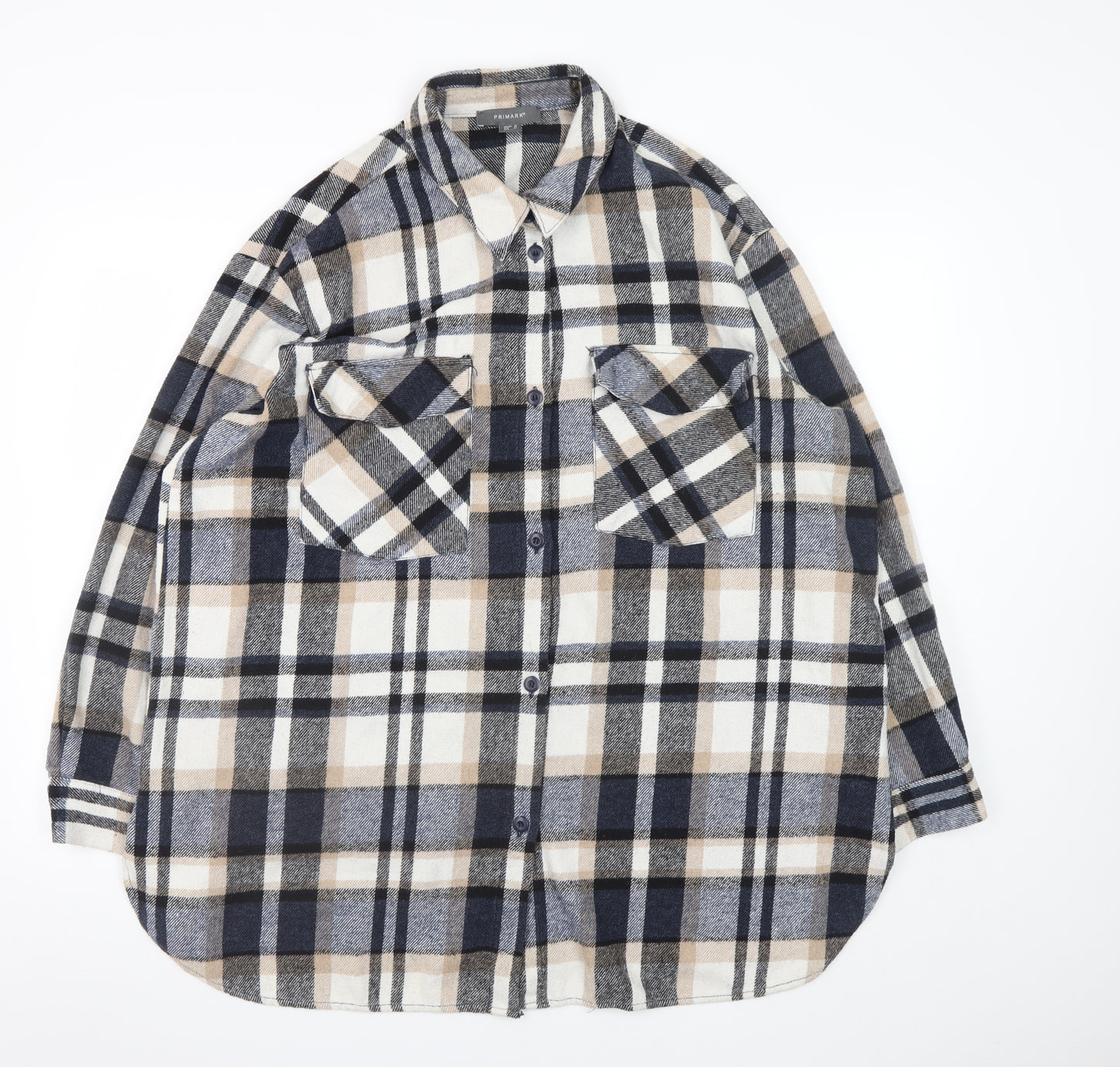 Primark Womens Beige Check Shacket Size 16 Long Sleeve Casual